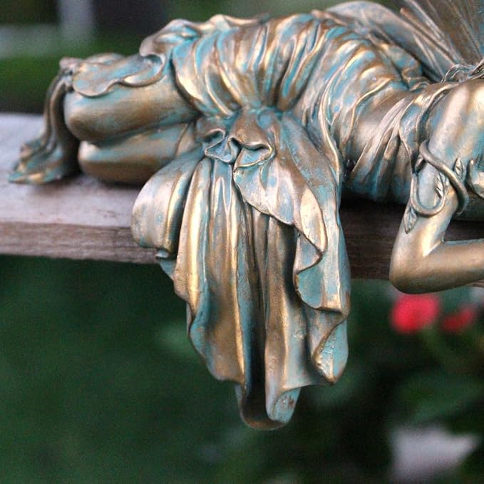 Vintage Bronze Sleeping Fairy Statue Outdoor Garden Decor, 6.1" Resin Angel Figurine Home Shelf Sitter Yard Art Sculpture for Patio Lawn Porch Ornaments