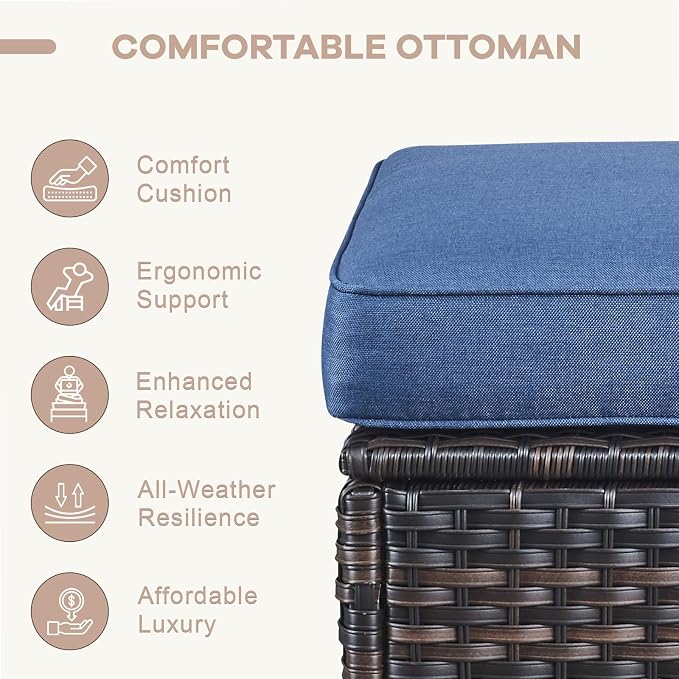 Swivel Patio Chairs sofa Set of 7 with 6" Thick Cushion - Wicker Outdoor Swivel Rocker Patio Chair ,Sofa/Glass coffee table, High Back Comfortable Outdoor Glider Chairs - Brown Wicker Blue Cushion