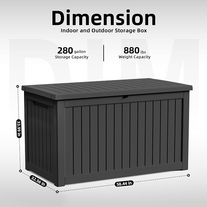 ROJIK 280 Gallon Waterproof Outdoor Deck Storage Box, Lockable Resin Patio Storage Bin with Lid for Garden Tools, Patio Cushions & Outdoor Accessories(Black)