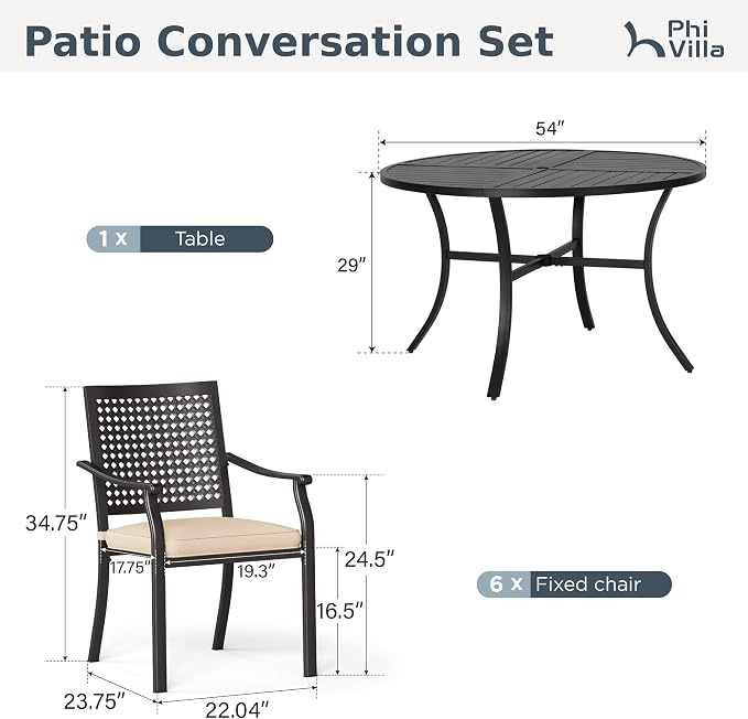 PHI VILLA Outdoor Dining Set for 6, 54" Round Metal Table w/Umbrella Hole | 7 pcs black wrought iron furniture set w/ cushions. All weather for patio, deck, yard, porch