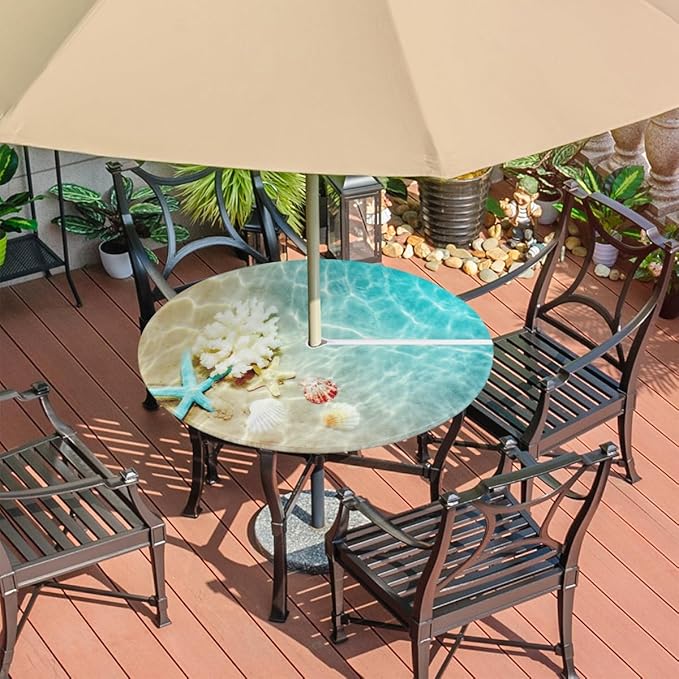 Fitted Round Tablecloth with Umbrella Hole and Zipper Starfish Coral Seashell Outdoor Elastic Table Cloth 36"-44" Oil-Proof Waterproof Summer Beach Patio Table Cover for Picnic Party