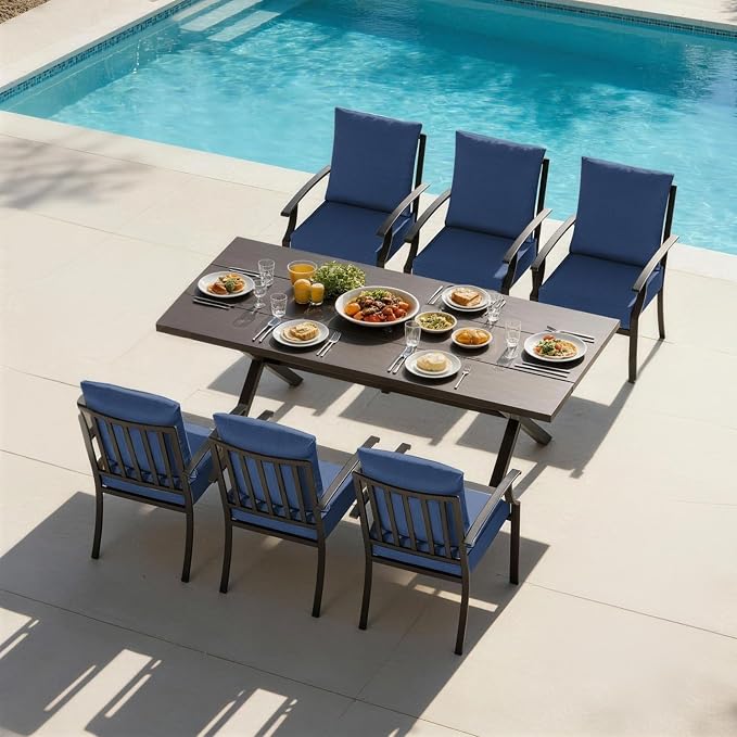 7 PCS Outdoor Patio Dining Set,Patio Table and Chairs Metal Outdoor Patio Furniture Set with Umbrella Hole,Dining Table Set with 6 Chairs for Deck,Backyard and Garden,Navy Blue