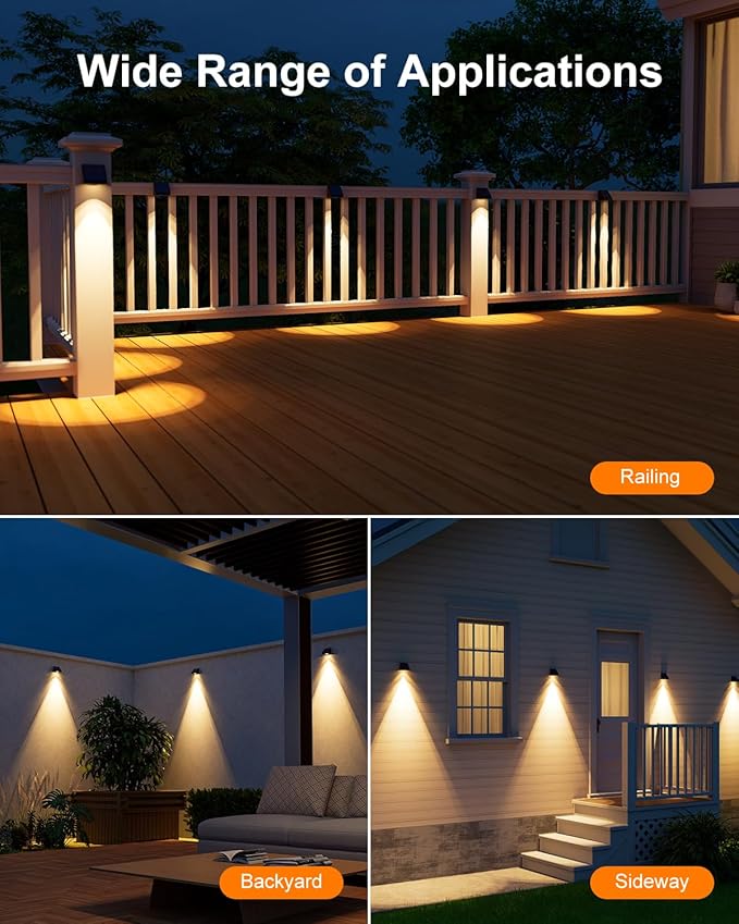 8 Pack Decorative Solar Powered Fence Lights Outdoor Waterproof with Warm White LED Spot Lens, for Outside Wall, Deck, Patio, Yard, Rail, Garage, Pool, Designed for Enhanced Security, Easy Install