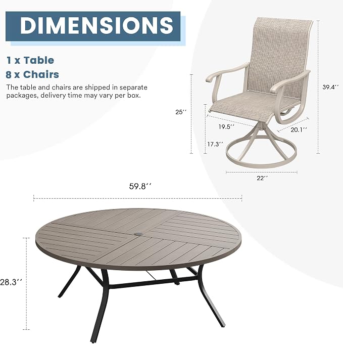 DIFY Patio Table and Chairs Set for 8, 9 Piece Outdoor Dining Set, 59.8" Grey Wood-Like Round Metal Dining Table with Umbrella Hole and 8 Sandshell Textilene Swivel Patio Chairs, for Garden Backyard