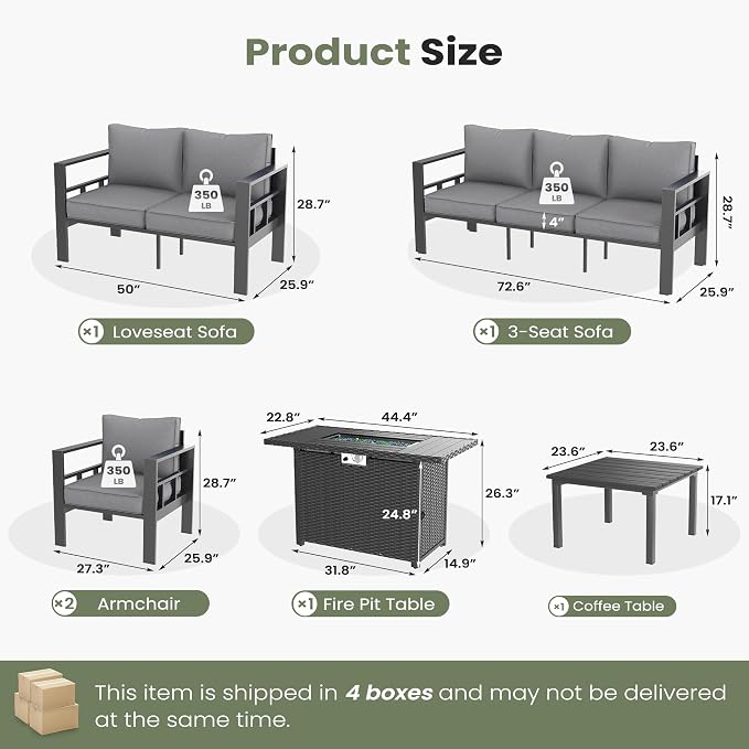 7 Piece Aluminum Patio Furniture Set with 44" Fire Pit Table & Thick Cushions, Aluminum Outdoor Sectional Conversation Set with Coffee Table for Porch, Backyard(Grey/Light Grey)