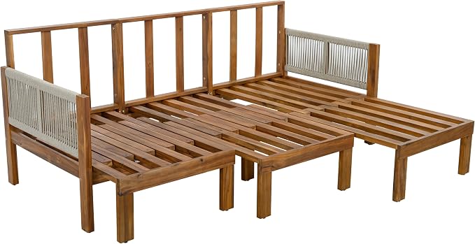 JIVOIT Outdoor Patio Daybed with Rope-Woven Armrests, Convertible Outdoor Sleeper Sofa with Acacia Wood Frame, 3 Seat Patio Sunbed for Backyard, Pool (Beige/85)