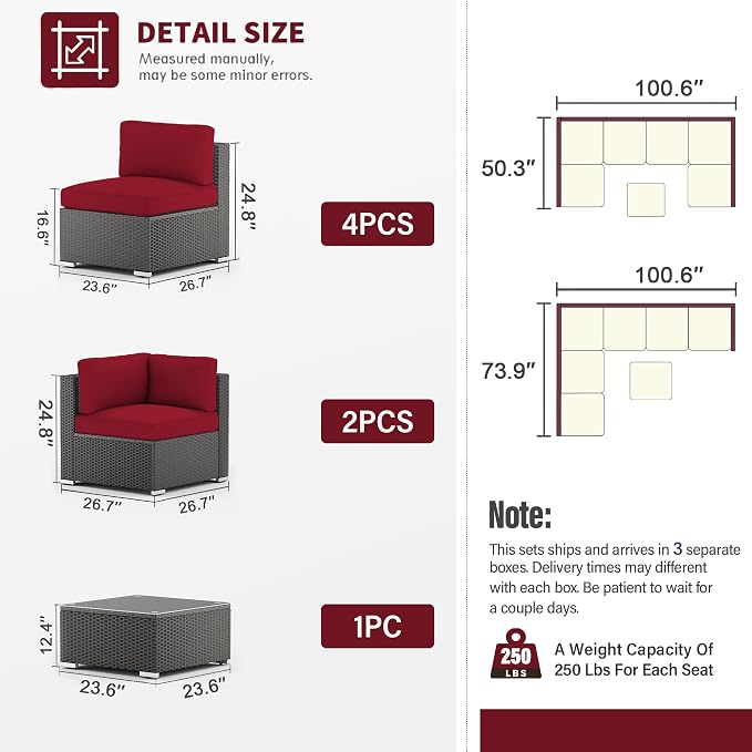 SUNCROWN 7-Piece Outdoor Patio Furniture Sofa Set All-Weather Wicker Sectional Conversation Set with Modern Glass Coffee Table, Cushions and Waterproof Cover,Red