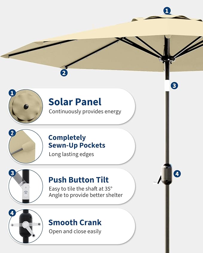 GarveeLife 10 ft Patio Umbrella with Solar Lights, 8 Ribs Outdoor Market Table Umbrella with 40 LED Lights & Tilt Crank for Pool, Deck, Backyard (Beige)