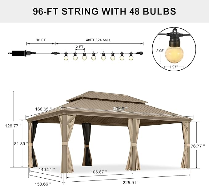 PURPLE LEAF Outdoor Gazebo 14'X20',Champagne Hardtop Gazebo with Galvanized Steel Double Roof, Permanent Patio Gazebo with Curtains and Netting for Patio Lawn Garden and Deck