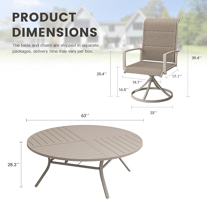 Outdoor Dining Set for 8, 63.1" Outdoor Dining Table with Umbrella Hole and Padded Textilene Patio Swivel Chairs, 9 Pieces Patio Table and Chairs Set for Garden Backyard, Sandshell