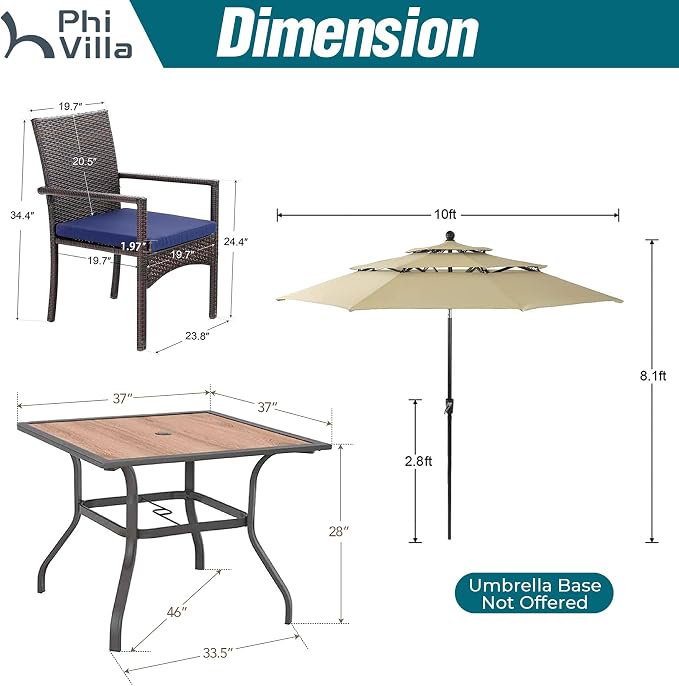 PHI VILLA 5pc Patio Dining Set with Umbrella, Square Table, Rattan Chairs | Includes 37" square metal table, 4 cushioned rattan chairs, and 10ft beige umbrella. Perfect for patio, deck, yard, or porch