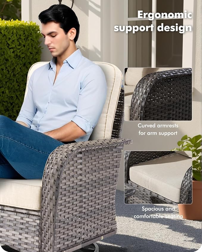 CAODOC 8-Piece Wicker Patio Furniture Set, All-Weather Rattan Conversation Bistro Loveseat Chair and Patio Rockers Set for Backyard, Balcony and Deck with Soft Cushions and Metal Table(Beige)