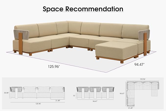 PURPLE LEAF Patio Furniture Set Modular U-Shaped Outdoor Sectional Sofa with 11" Thick Olefin Cushion 7-Piece Outdoor Conversation Set with Ottoman & White Lights for Backyard Garden Poolside, Beige