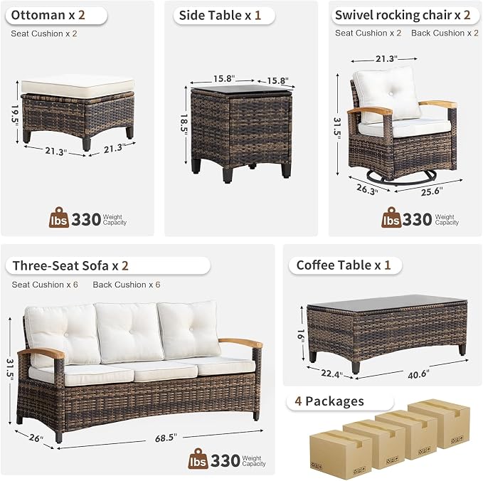MEISSALIVVE 8 Pieces Patio Furniture Sets,Wicker Patio Conversation Sets with 2 Wood Armrests Swivel Glide Chairs, Outdoor Conversation Set for Deck Yard and Poolside (Beige)