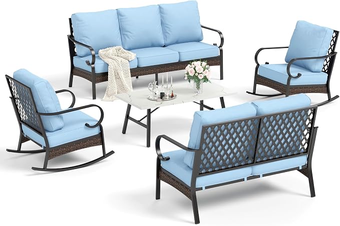 HERA'S HOUSE 5 Piece Metal Patio Furniture Set, 7 Seats All Weather Outdoor Conversation Set, 3 Seat Sofa with Loveseat, 2 Rocking Chairs, Coffee Table for Backyard, Garden, Deck, Blue