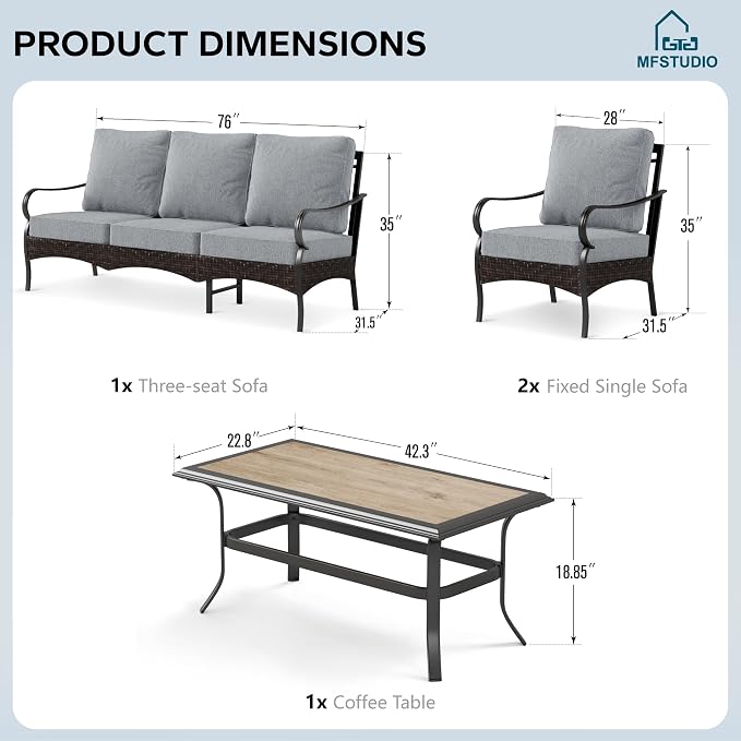 MFSTUDIO 4 Pieces Outdoor Patio Furniture Set, Metal Outdoor Conversation Set, Rattan Wicker Patio Sectional Sofa Set with 2 x Fixed Single Sofa, 3-Seat Sofa, 1 x Coffee Table, Grey