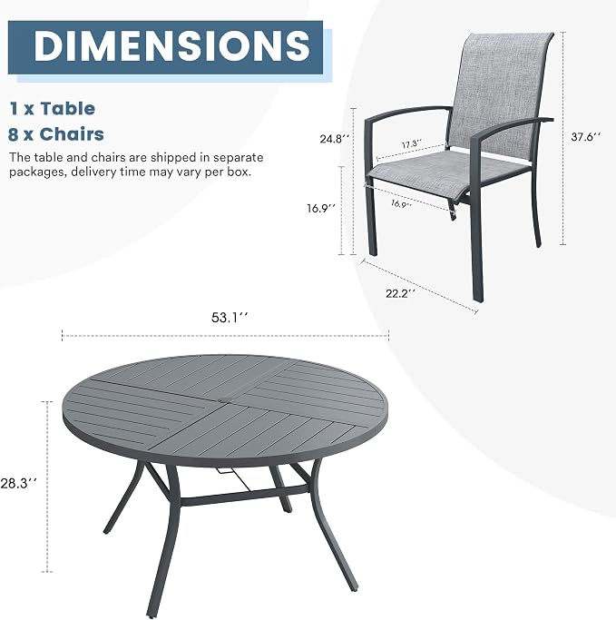 DIFY 9 Pieces Outdoor Dining Set, Metal Patio Table and Chairs Set for 8 with Umbrella Hole, 53.1" Round Dining Table and Textilene Stackable Patio Chairs for Garden Backyard Poolside, Grey