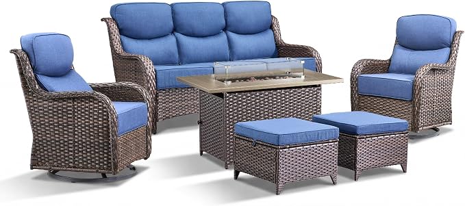 Luxury Patio Furniture Set with Fire Pit Table-6 Pieces All Weather Outdoor Swivel Rocker Chairs with Sofa and Ottomans. Outdoors Patio Conversation Sets for Porch Deck Garden Backyard(Brown/Blue)