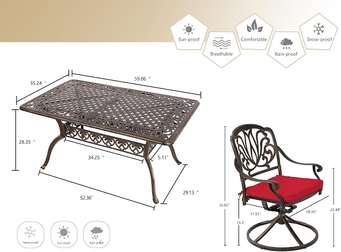 Grepatio 7 Piece Patio Dining Set Outdoor Dining Set Cast Aluminum Furniture Set with 6 Dining Swivel Chairs with 6 Cushions and Dining Table for Backyard Garden Deck Poolside (Red)