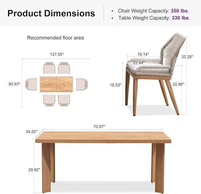 PURPLE LEAF 7 Pieces Patio Dining Set Aluminum Modern Rectangular Table and Wicker Chairs with Cushions for Kitchen Porch Garden Outdoor Furniture Sets, Teak