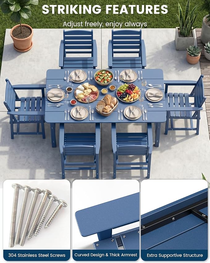 FOOWIN Outdoor Table and Chairs Set 7-Piece HDPE All Weather Patio Dining Set with Umbrella Hole,Outdoor Patio Furniture Dining Set for 6,Patio Kitchen Table Set for Garden,Backyard,Poolside Blue