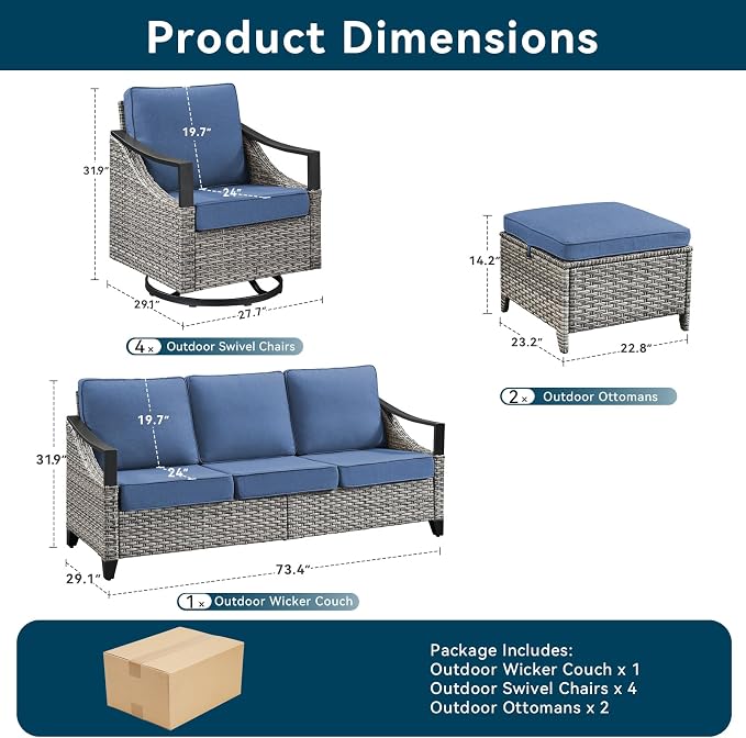 7 Piece Outdoor Patio Furniture Sets-High Back Wicker Swivel Rocker Patio Chairs Set of 4 with Thick Cushions Ottomans, Outdoor Sofa, Patio Conversation Sets for Porch Balcony Patio Deck Grey/Blue