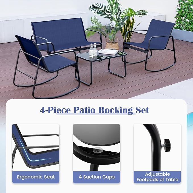 Tangkula 4 Piece Rocking Patio Furniture Set, 2 Rocking Chairs & Loveseat with Glass-Top Table, Patio Rocking Set with Smooth Rocking Motion, Outdoor Rocker Conversation Set for Porch, Yard (1, Navy)