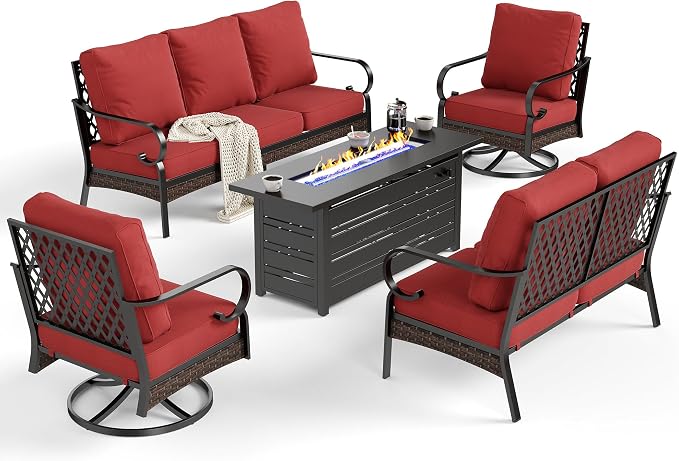SUNSHINE VALLEY 5 Piece Metal Outdoor Patio Furniture Sets with Firepit Table, Patio Conversation Sets 1 3-Seater Sofa, 1 Loveseat, 2 Swivel Chair with 5.75" Cushion for Backyard Deck, Rust Red