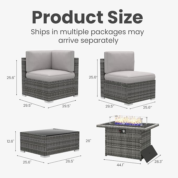 15 Pieces Patio Furniture Set with 44" Propane Gas Fire Pit Table, Outdoor Sectional Wicker Conversation Sofa Sets with Coffee Table