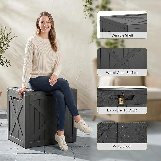 Waterproof Outdoor Storage Box Outside Deck Box Lockable Resin Bench UV Resistant Furniture Cushion Pool Tool Float Bin Patio Garden Porch (Black, 40 Gallon)