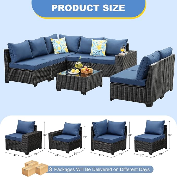 Patio Furniture Set, 8 Pieces Outdoor Couch Sofa with Wider Armrests & Glass Coffee Table, Outdoor Sectional Furniture with Thick Cushions for Party, Poolside,Garden-Navy