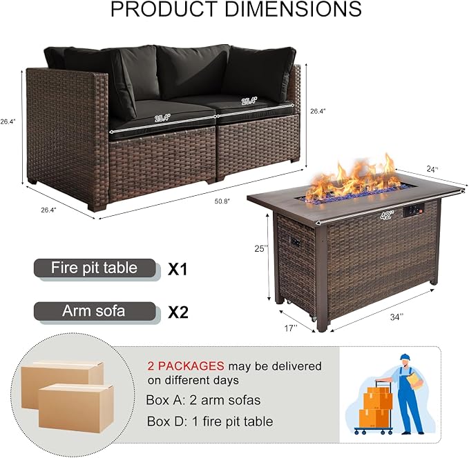 3 Pieces Patio Furniture Set Fire Pit Table, Outdoor PE Rattan Sectional Sofa with Soft Cushions for Backyard, Porch, and Poolside (Black, 3 PCS w/Firepit)