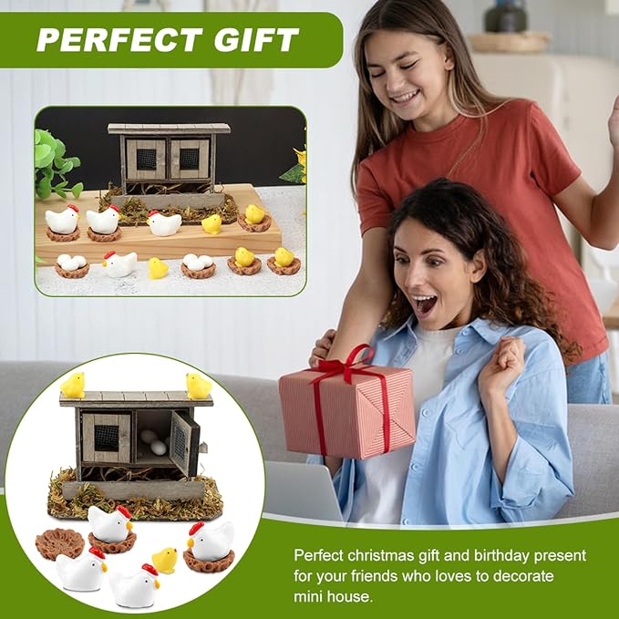 Fairy Garden Mini Chicken Coop Decor, 26-Piece Farm Scene Set | Includes 1 wood coop 3 hens 3 chicks 3 eggs 3 nests, doors open and close, store pieces together to avoid loss
