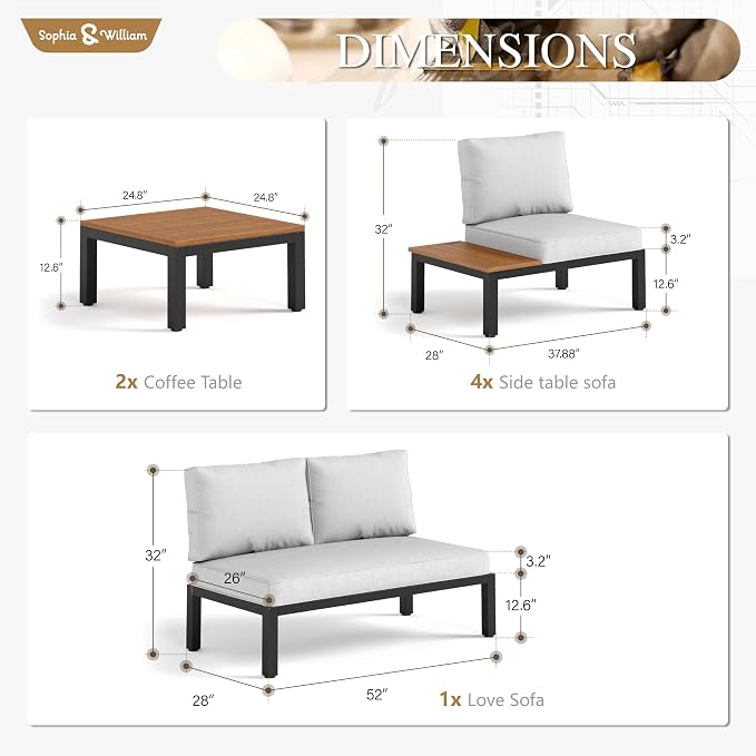 Sophia & William 7 Piece Metal Outdoor Sectional Sofa with Cushion, Patio Furniture Set with 4 x Single Sofa with Side Table, 2 x Coffee Table, Modern L-Shape Outdoor Couch for Deck Garden Backyard
