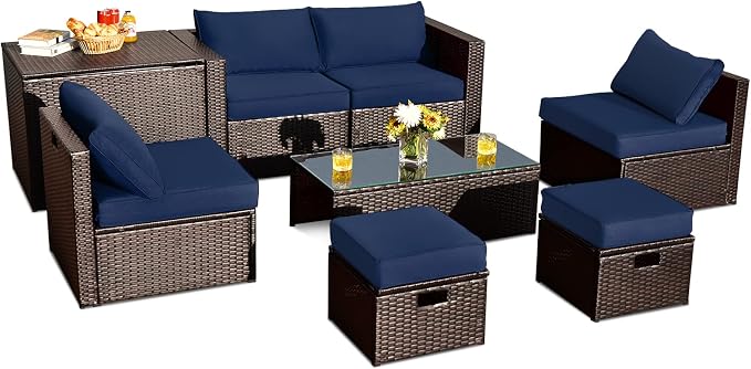 COSTWAY 8-Piece Outdoor Patio Furniture Set, Rattan Sectional Sofa, Armless Chairs, Side Table with Storage Ottoman & Glass Coffee Table, Space-Saving Conversation Set for Garden Deck (Navy)