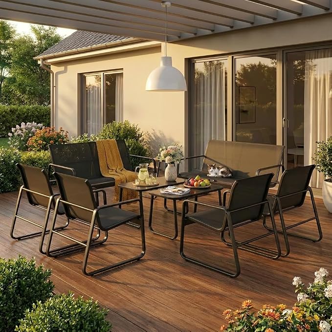 Gizoon 8 Pieces Outdoor Patio Furniture Set, 2 Bench Loveseat + 4 Single Armchairs + 2 Tempered Glass Coffee Tables, Metal Frame Patio Conversation Set for Backyard Poolside Porch, Black
