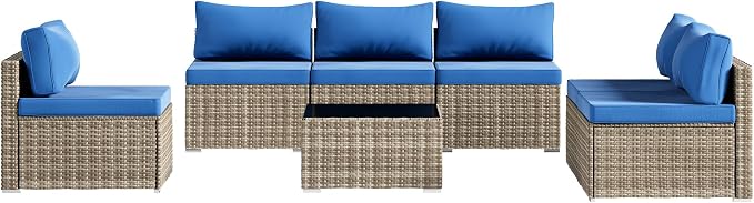 Tradare 7 Piece Patio Furniture Set, Outdoor Wicker Patio Sofa Set, PE Rattan Sectional Couch with Glass Table and Blue Cushions, All-Weather 7 Piece Outdoor Patio Furniture Sets, Grey