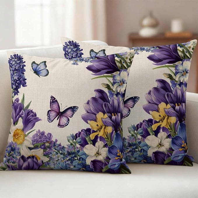 Outdoor Waterproof Pillow Covers for Patio Furniture Purple Blue Flowers Butterfly Throw Pillow Cover Watercolor Floral Linen Pillowcases Set of 2 Cushion Case for Sofa Couch Chair 20x20 inch