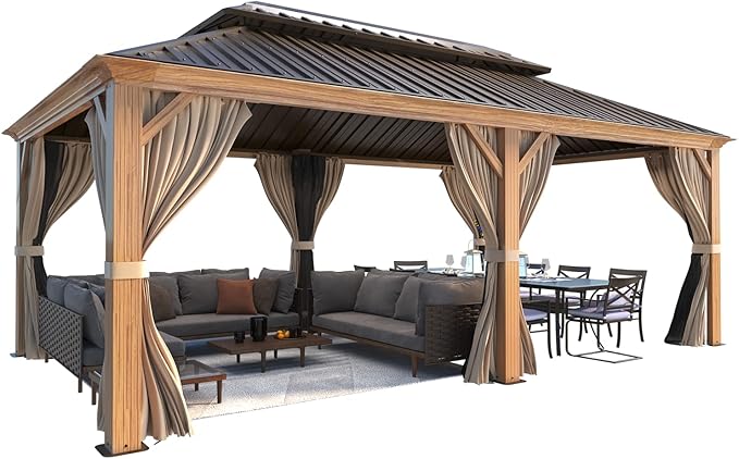 EROMMY 12'x20' Hardtop Gazebo, Wooden Finish Coated Aluminum Frame Pergola with Galvanized Steel Roof, Outdoor Metal Gazebos with Curtains and Nettings for Patio, Backyard, Deck and Lawns