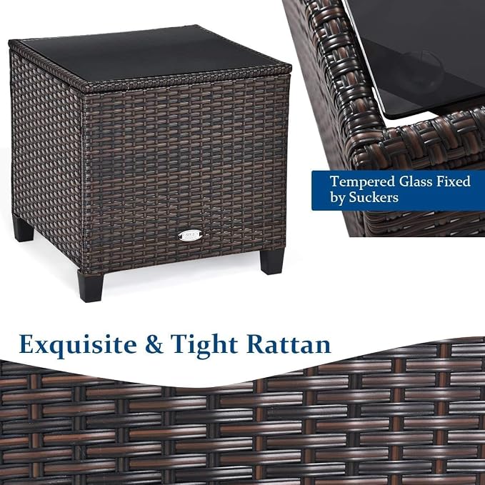 HOMGX 3 Pieces PE Rattan Wicker Patio Sofa Chairs, Outdoor Furniture Conversation Sets with Washable Cushion & Glass Table, Rattan Sofa Set for Balcony, Porch, Yard, Backyard, Lawn, (Navy Blue)