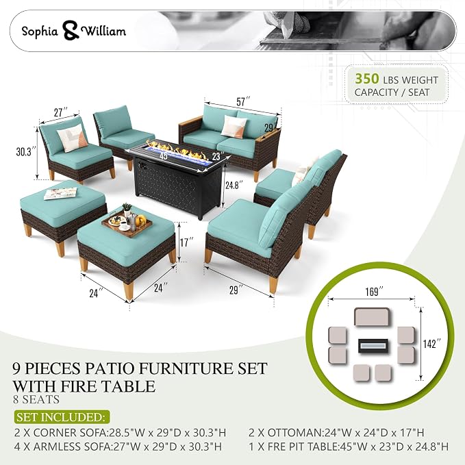 Sophia & William Patio Furniture Set with Fire Pit Table, 9 Piece Outdoor Wicker Furniture Sectional Sofa, Large Patio Rattan Conversation Set with Ottoman & 45" Fire Pit Table(Aqua Blue)