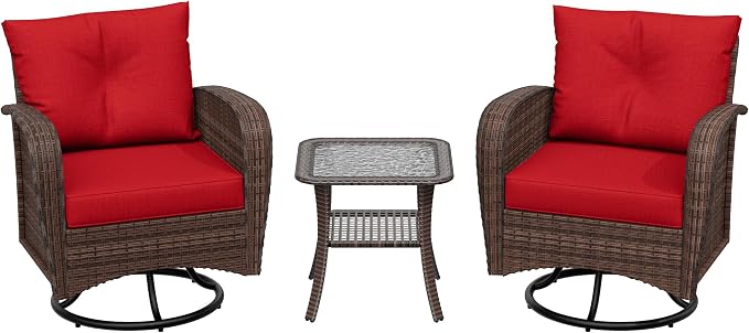 3 Pieces Conversation Furniture Set of Patio Swivel Rocking Chairs and End Table, Wicker Rattan Outdoor Set with Washable Cushions for Backyard, Poolside, Sunroom (Red)