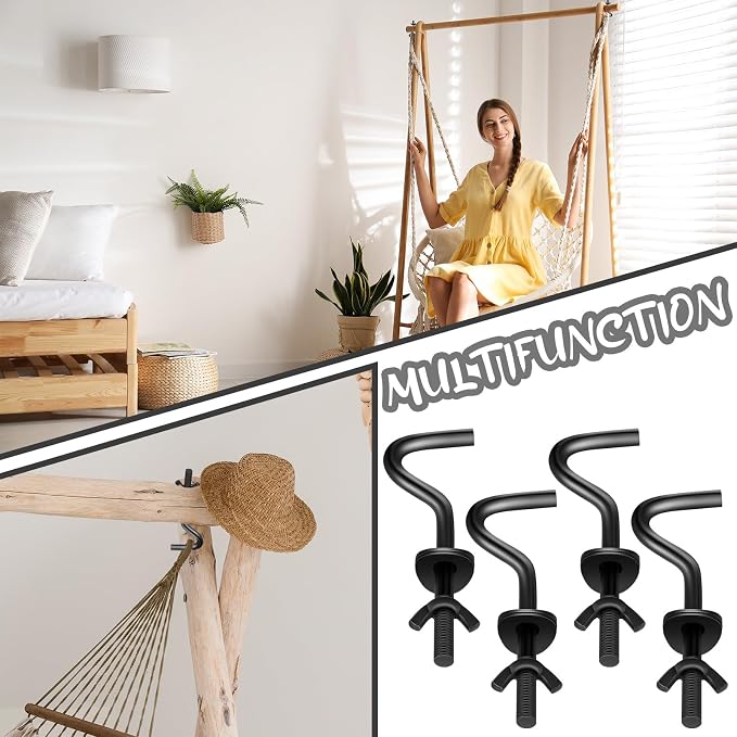 Gisafai 4 Packs Hammock Hooks Zinc Heavy Duty Replacement Hooks 3/8 Inch Portable Hammock Fit Column Diameters of 1-1/4 to 2 Inches Stand Accessories(Black)