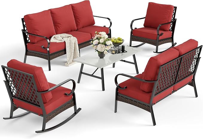 SUNSHINE VALLEY 5 Piece Metal Outdoor Patio Furniture Set, Patio Conversation Set with 3-Seater Sofa, Loveseat, 2 Rocking Sofa (5.75" Thick Cushion) & Coffee Table Black Backyard Furniture, Rust Red