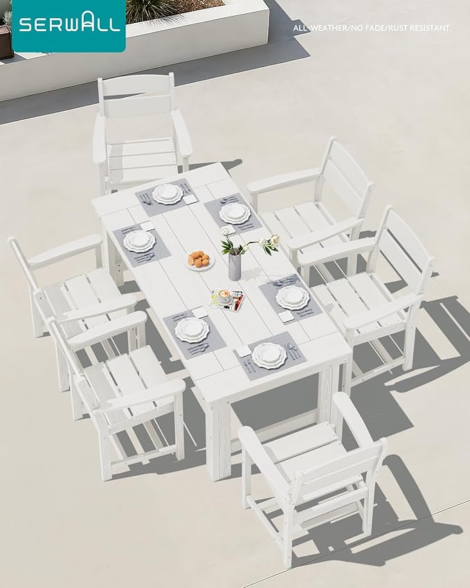 SERWALL Outdoor Dining Table Set, 67‘’ HDPE Patio Dining Set for 4, All-Weather Outdoor Table and Chairs Set for Deck, White
