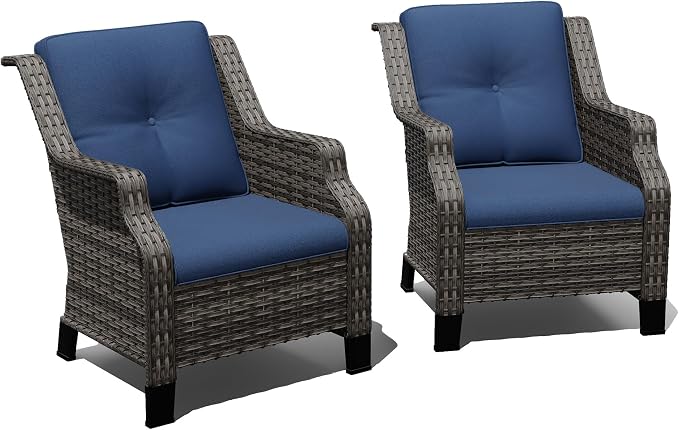Outdoor Patio Chairs Set of 2, Wicker Patio Furniture with Thick Cushions, Curved Armrest, Deep Seating, Rattan Outdoor Chairs for Porch, Deck, Balcony