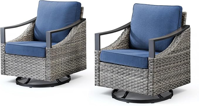 Outdoor Swivel Rocker Patio Chairs-High Back Wicker Swivel Rocker Patio Chairs Set of 2,PE Wicker Chair Outdoor Patio Furniture Sets with Covered Cushions for Porch Balcony Patio Deck Grey/Blue
