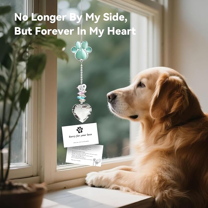 Dog Memorial Gifts, Pet Memorial Suncatcher, Loss of Dog Sympathy Gift | Thoughtful Dogs and Cats Bereavement Remembrance Gifts, Natural Cat's Eye Stone Paw Crystal Suncatcher