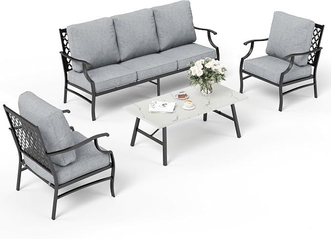 SUNSHINE VALLEY 4 Piece Metal Outdoor Patio Furniture Sets, Patio Conversation Sets 1 3-seater Sofa, 2 Fixed Chair with 5.75" Extra Thick Cushion and Coffee Table, Black Frame Backyard Furniture, Gray