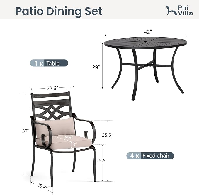 PHI VILLA Patio Dining Set, Round Metal Table | Metal chairs, Beige, Umbrella Hole, Cushions, E-coated